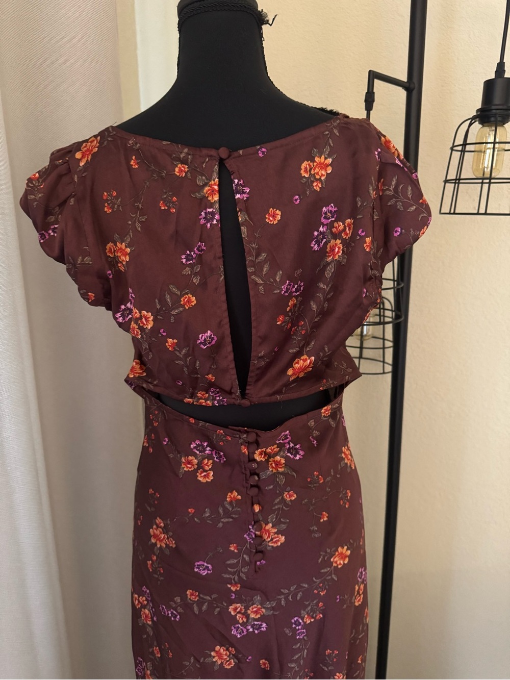 Free People Butterfly Babe Maxi Dress M Brown Floral Satin Open Back Cottagecore - Picture 7 of 9